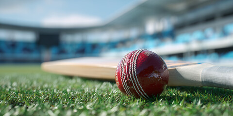 A cricket ball and bat resting on a green field in a stadium, ready for game play