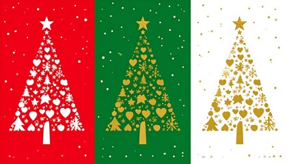 Festive Christmas Trees Composed of Various Shapes and Symbols on Red Green and White Backgrounds.