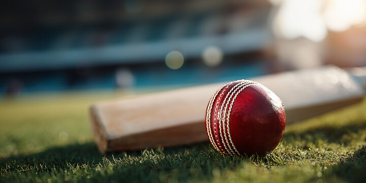 A cricket ball and bat resting on a green field, symbolizing the sport of cricket. The ball is red and the bat is made of wood, and the overall scene evokes a sense of anticipation and excitement. - Powered by Adobe