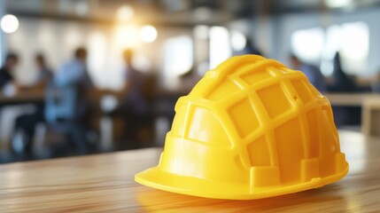 a vivid yellow hardhat resting on a wooden surface, symbolizes protection and preparedness in a collaborative work environment setting