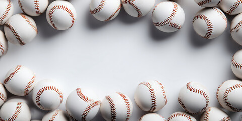 An overhead shot of baseballs arranged in an organized fashion, emphasizing the details of the stitching. The composition conveys a sense of readiness and excitement