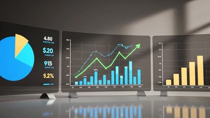 Three curved screens display different statistical charts with data visualizations in a futuristic setting - Powered by Adobe