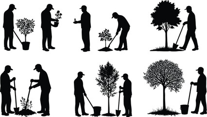 Obraz premium Silhouettes of people planting and growing trees in stages for environmental care, gardening, nature conservation, and vector illustration design use