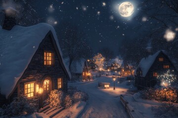 Fototapeta premium Cozy winter village nightscape