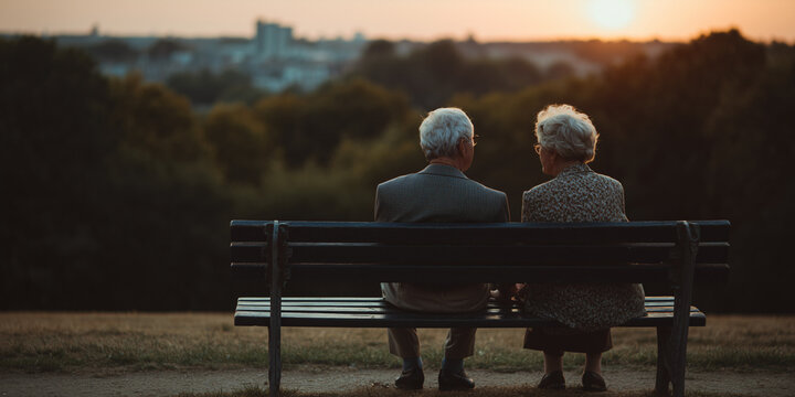 An elderly couple shares a serene moment on a bench, admiring a beautiful sunset view 
