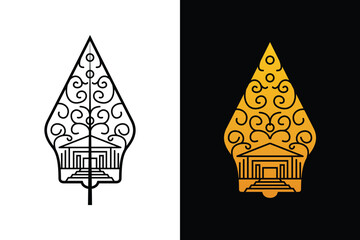 Gunungan Kayon Javanese Indonesian Traditional Wayang Puppet Art Show Cultural Pattern Black Gold Outline Vector 