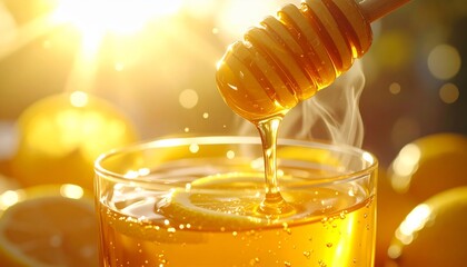 Golden Honey Pouring from Dipper into a Glass of Lemonade Drink