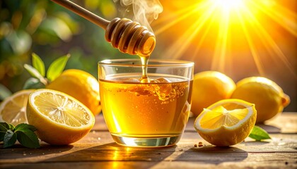 Bright Natural Light Still Life of Honey Lemon Drink Preparation
