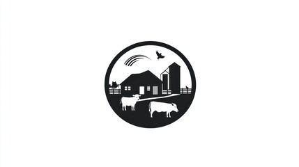 Black farm icon two cows, house, barn, bird, sky, use agriculture, product logo