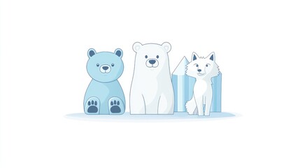 Three cartoon arctic animals with ice formations on white for children's books, education or website