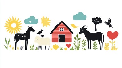 Farm scene with animals, house and vegetation, for design or illustration