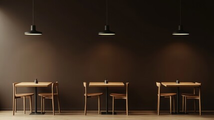 Modern cafe interior, wooden tables, dark wall, minimalist design, restaurant background, for website design
