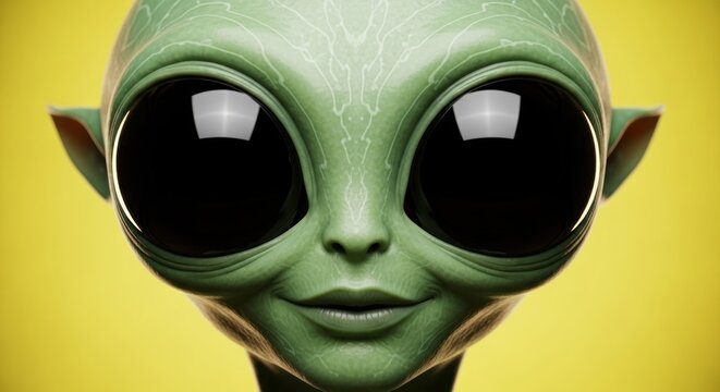 A close-up of a green alien face with large black eyes, set against a yellow background.