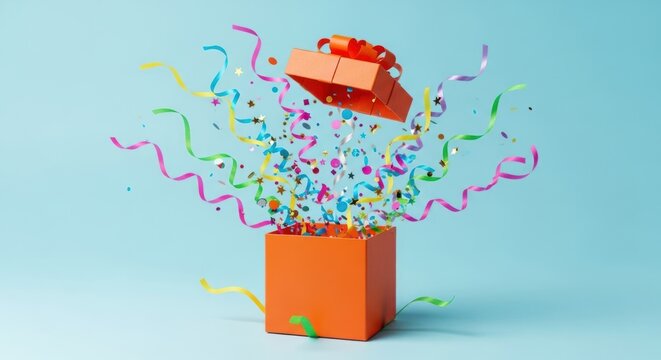 Orange gift box exploding with colorful confetti and streamers against a light blue background.