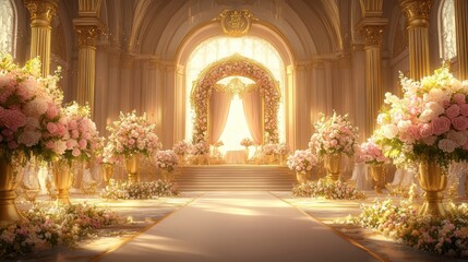 Grand Palace Wedding Ceremony Sunlit aisle, floral arch, opulent setting