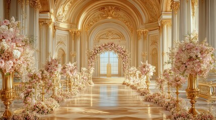 Elegant wedding aisle in a grand palace, floral archway, sunlit backdrop; perfect for wedding invitations