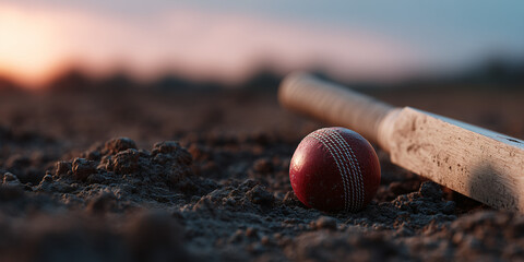 Cricket bat and ball lie on a dusty pitch with a serene sunset in the background, a moment of anticipation and preparation