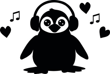 Silhouette of cute penguin listening to music with headphones. Cartoon animal character with hearts and notes and adorable vector illustration isolated on white background design