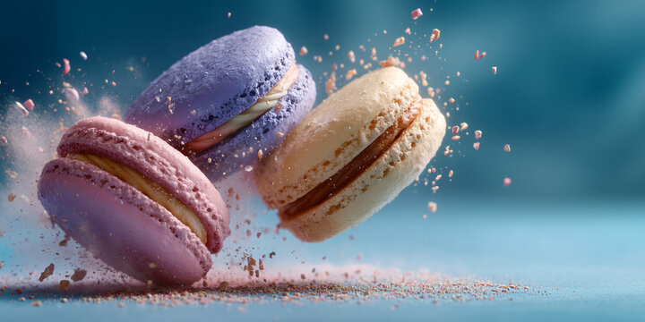A vibrant shot of three colorful macarons in mid-air, creating a delightful visual
