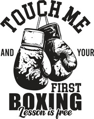 Bold boxing gloves graphic with a challenge for a free first lesson, perfect for gyms, studios, and fitness promotions with a strong motivational message