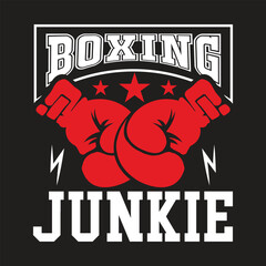 Bold boxing junkie design featuring red gloves and stars for sports enthusiasts and fitness apparel, perfect for gym promotions and athletic branding