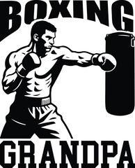 Boxing grandpa delivering powerful punches with determination and strength for fitness motivation, celebrating family and athletic prowess in bold design