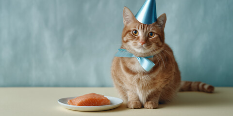 A cat wearing a party hat, posing with a plate of salmon for its special occasion. The cat is adorned with a party hat and a bow, ready to celebrate