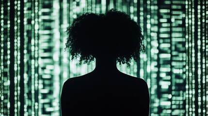Mysterious silhouette of a person with curly hair stands against a digital matrix background, evoking themes of data, AI, and the future.
