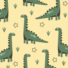 green yellow seamless pattern of dinosaur brontosaur vector cartoon for kids apparel fullprint fabric design