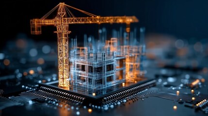 Digital Blueprint of a Futuristic Urban Construction on a Microprocessor Surface in Neon Light