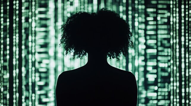 Mysterious silhouette of a person with curly hair stands against a digital matrix background, evoking themes of data, AI, and the future.