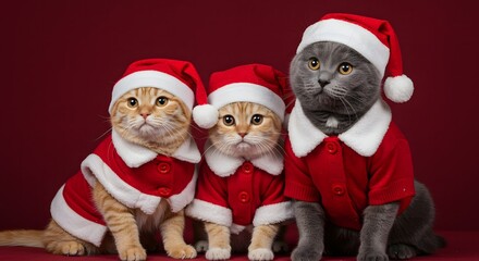Three cats dressed in santa outfits posing against a red background for christmas holiday season