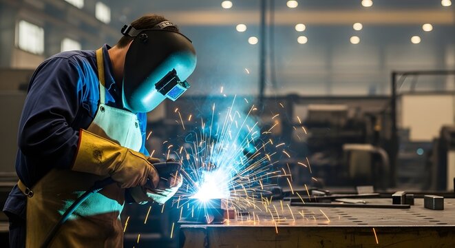 Male adult welder in workshop using welding torch with protective gear