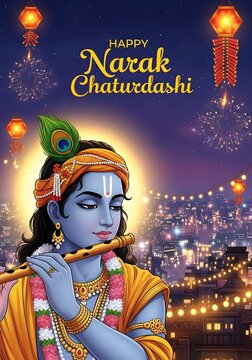 Illustration of lord krishna playing flute during narak chaturdashi celebration