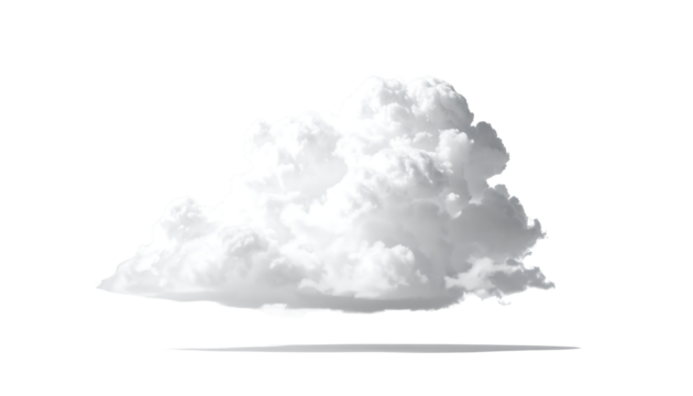 A fluffy, bright white cloud with detailed texture floating above a faint gray shadow, png cutout