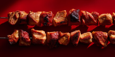 Delicious grilled meat skewers against a vibrant red backdrop, a culinary delight. Each piece of meat is perfectly cooked, with a savory aroma