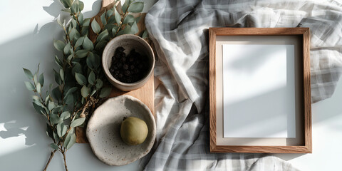 A serene, top-down shot of a blank frame resting on a table, decorated with simple objects like a bowl, leaf, and pear, evoking a sense of calm and minimalism