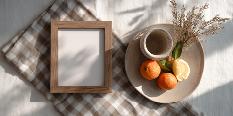 A rustic still-life setup with a blank picture frame, fresh citrus fruits, a cup, and dried sprigs arranged on a checked cloth