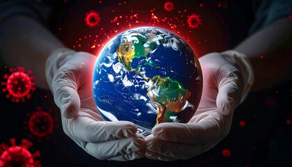 Hands in protective gloves cradle the Earth amidst a coronavirus pandemic