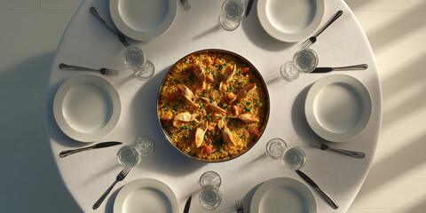 A beautifully arranged table setting with a delicious paella at its center