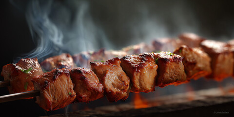 Delicious skewers of grilled meat with steam rising