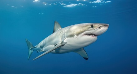 Fototapeta premium A majestic great white shark swims gracefully in the deep blue ocean water.