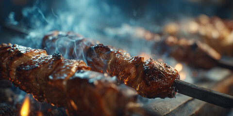 Close-up of grilled meat skewers with smoke, a delicious culinary experience 