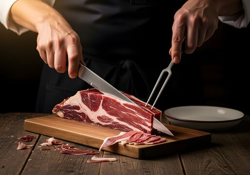Adult preparing prosciutto slices on wooden board using knife and fork in kitchen