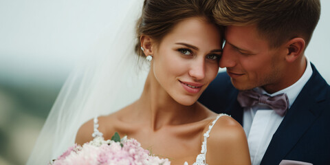A tender moment of a beautiful bride and groom, close to each other on their wedding day