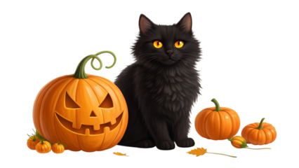 Black cat with glowing eyes sits next to a carved halloween pumpkin