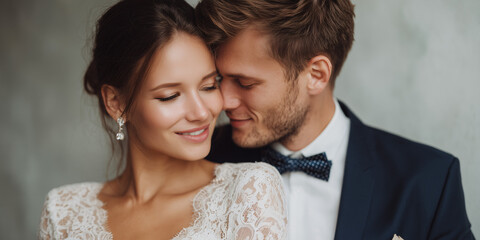A beautiful couple intimately embracing, showcasing love and affection. The woman is wearing a delicate white lace dress, and the man looks handsome in a suit with a bow tie