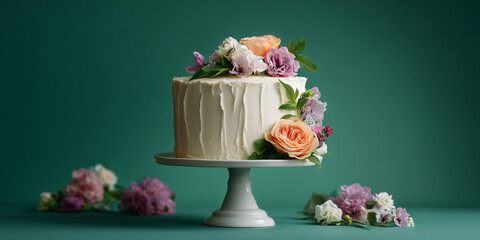 A beautifully decorated cake adorned with colorful flowers, presented on a pedestal