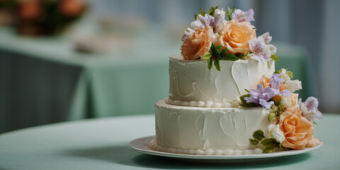 A beautifully decorated two-tiered cake with flowers, ready for a special occasion, sitting on a table
