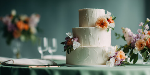 A beautifully decorated three-tiered cake with floral arrangements, ideal for weddings or special celebrations. The cake is the centerpiece of a table setting, set against a backdrop